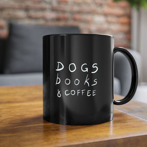 dogs books and coffee mug