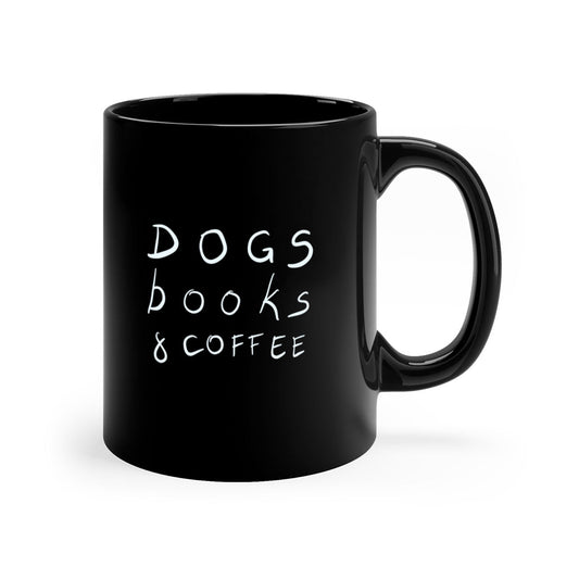 dogs books and coffee mug