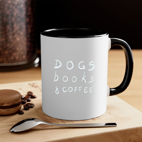 dogs books and coffee mug