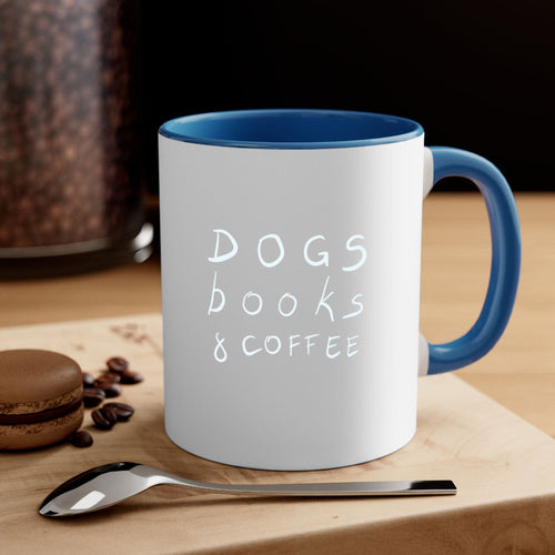 dogs books and coffee mug