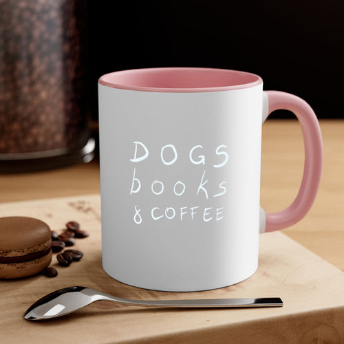 dogs books and coffee mug