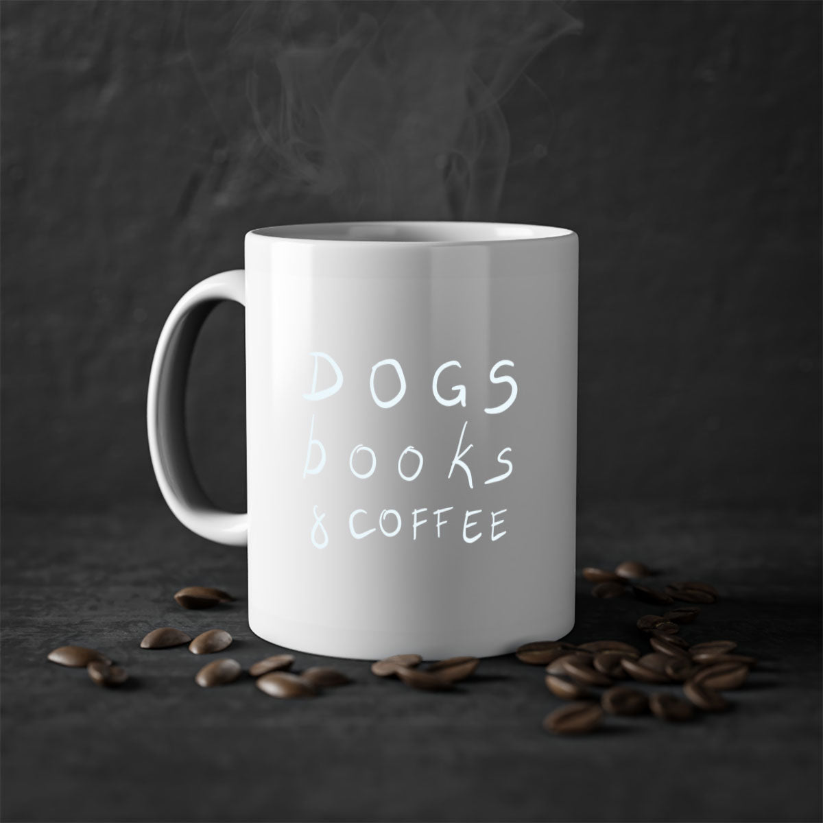 dogs books and coffee mug